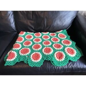 Vtg Handmade Crochet Floral Pink Green White Daisies Afghan Blanket Cottage Core